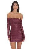 Foil Off Shoulder Dress in Burgundy