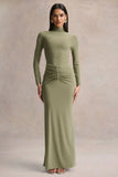 Persis Olive High Neck Maxi Dress With Gathered Detailing