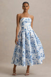 Alaina Blue Porcelain Print Bandeau Midi Dress With Volume Skirt