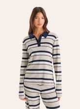Grey And Blue Stripe Fine Ribbed Jersey Long Sleeve Top