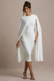 Marysol White Asymmetric Cape Midi Dress