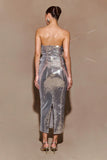Cassia Strapless Sequin Rose Midi Dress Silver