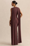 Patrina Brown High Neck Maxi Dress With Draped Detailing And Cape Sleeves