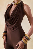 Clemence Brown Plunge Neck Jumpsuit