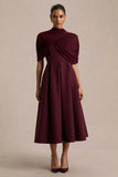Thalia Burgundy High Neck Midi Dress With Sheer Mesh Cape