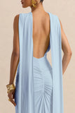 Premiere Powder Blue Boat Neck Maxi Dress With Cape Sleeves And Open Back