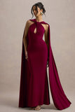 Rhoda Burgundy Twist Halter Neck Cape Maxi Dress
