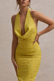 Maciza Mustard Satin Jacquard Cowl Neck Midi Dress