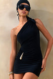Anvia Black Asymmetric Neck Mini Dress With Gold Detailing