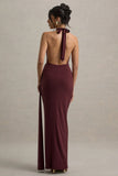 Rosina Burgundy Halter Neck Draped Maxi Dress With Sash