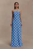 Amaya Strapless Chiffon Maxi Dress Blue Polka Dot