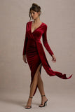 Arcadia Berry Velvet Plunge Neck Wrap Midi Dress