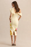 Adrina Hot Pink Lemon Floral Print Draped One Shoulder Midi Dress