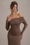 Romina Mocha Rib Knit Bardot Maxi Dress With Asymmetric Hem
