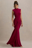 Graziana Burgundy High Neck Gathered Draped Maxi Dress