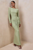 Matilda Light Green Boat Neck Maxi Dress With Ruched Detailing
