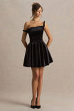 Leticia Black Asymmetric Neck Velvet Mini Dress With Twist Sleeve
