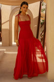 Maeva Red Square Neck Fishtail Maxi Dress With Ruched Detailing