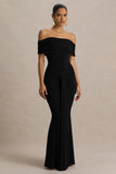 Envisioned Black Bardot Neck Maxi Dress With Gathered And Drape Detail