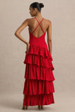 Bogota Red Plunge Neck Maxi Dress With Ruffling Details And Front High Split