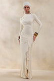 Karessa Cream High Neck Maxi Dress With Gathered Detailing And Front High Split