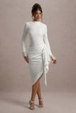 Luanna Ecru Satin Long Sleeve Midi Dress With Draped Skirt And Embellished Cuffs
