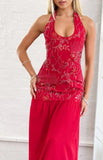 Aella Red Beaded Halter Maxi Dress