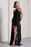 Enigmatic Black Halter Neck Draped Mini Dress With Floral Corsage