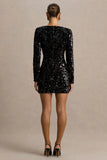 Ritz Black Sequin Plunge Neck Mini Dress With Long Sleeves
