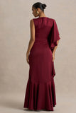 Rosy Burgundy Satin Boat Neck Maxi Dress With Front Split And Ruffled Detailing