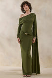 Bessy Green Asymmetric Neck Maxi Dress With Gathered Detailing And Sash