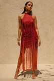 Alessia Orange Ombre Fringe High Neck Maxi Dress