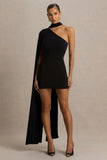 Arianne Black Asymmetric Neck Mini Dress With Scarf Detail