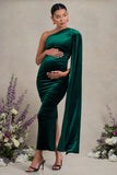 Amaryllis Bottle Green Velvet Maternity One Shoulder Maxi Dress with Cape Sleeve