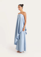 Blue Asymmetric Bandeau Satin Maxi Dress