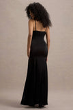 Ashly Black Satin Maxi Dress With Volume Hem