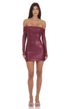 Foil Off Shoulder Dress in Burgundy