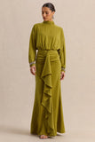 Perla Olive High Neck Maxi Dress With Gathered Detailing