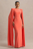 Mimi Coral High Neck Maxi Dress With Cape Sleeve Detail