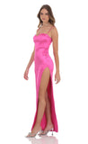Satin Corset Maxi Dress in Hot Pink