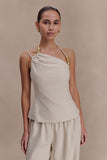 Gabby Asymmetrical Neckline Linen Beaded Top Natural