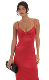 Satin Front Bow Maxi Dress in Red