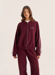 Burgundy Contrast Stripe Zip Bomber Jacket