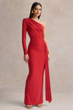 Anne Red Asymmetric Neck Wrapped Maxi Dress With Sash