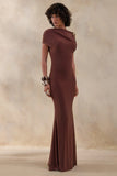 Blaire Brown Asymmetric Neck Maxi Dress With Gold Detailing