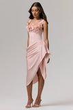 Letitia Pale Pink Square Neck Floral Detailed Wrap Midi Dress