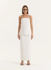 White Pinstripe Tailored Denim Maxi Skirt