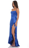 Satin Ruffle Maxi Dress in Royal Blue