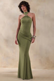 Polina Olive High Neck Maxi Dress With Drape And Gold Detail