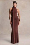 Hyla Brown High Neck Maxi Dress With Sash Detail